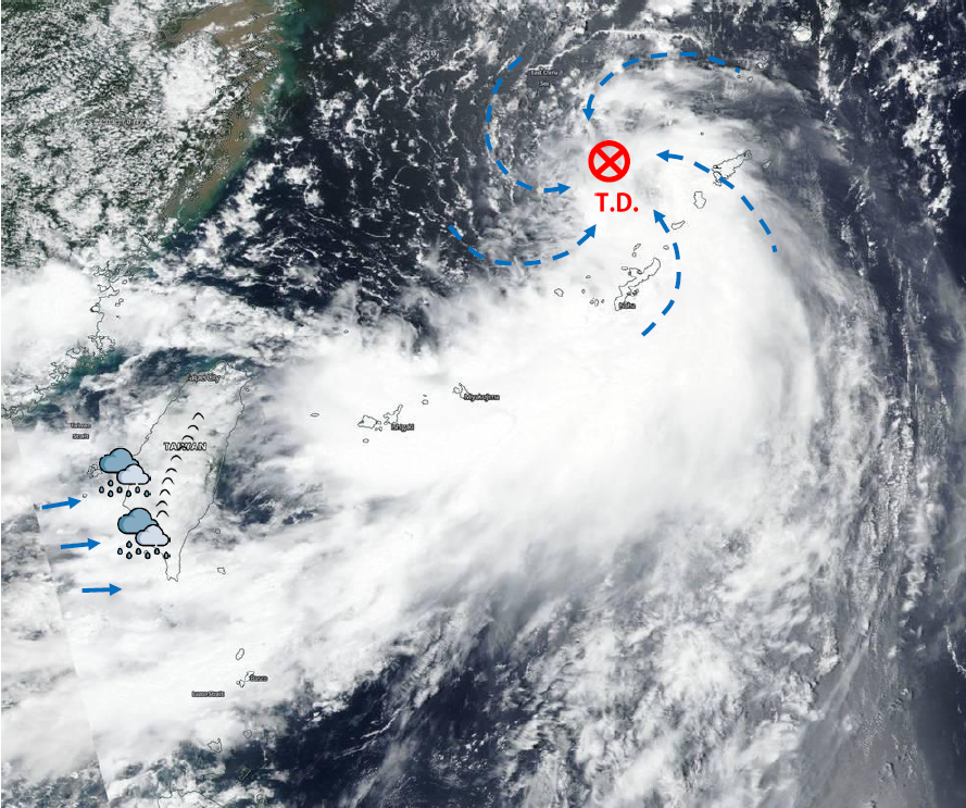 熱帶性低氣壓外圍環流之衛星雲圖示意